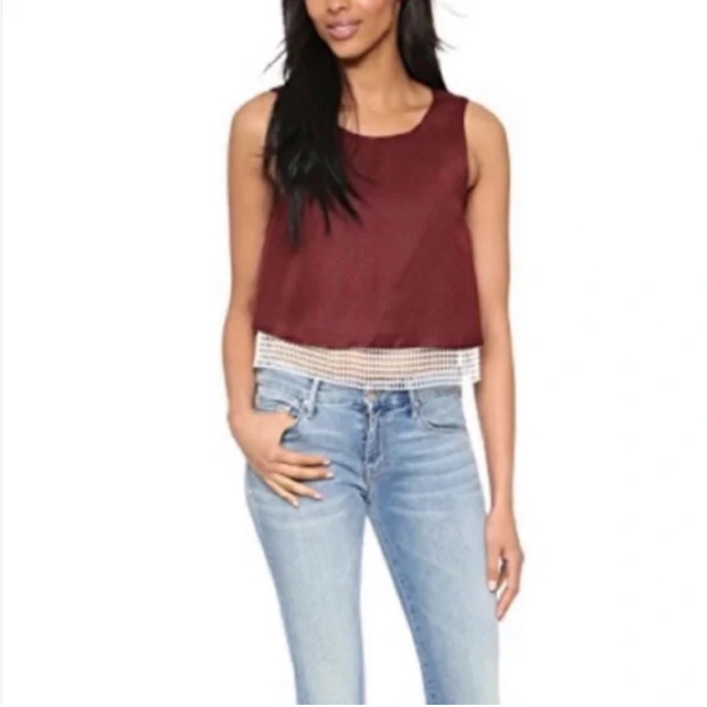 Club Monaco Burgundy Linen Blend Sleeveless Crop Top w/ White Mesh Lace Underlay - Picture 14 of 15